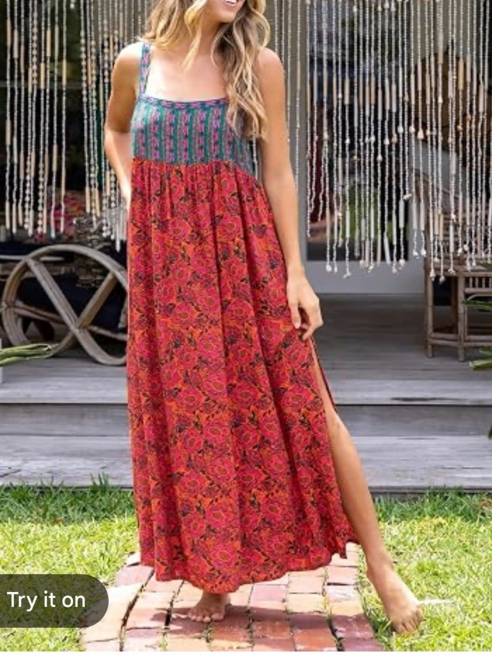 Red Floral Maxi Dress with Green Patterned Bodice